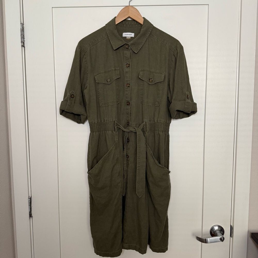 Calvin Klein Military Shirt Dress Sz 12 Olive Green Linen Utility Belted Safari